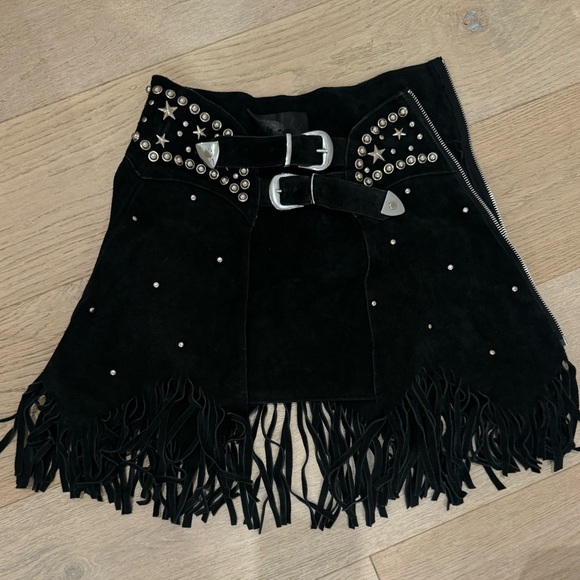 RARE Understated Leather Paris Texas Skirt in Black Genuine Suede Leather Fringe - Picture 9 of 9
